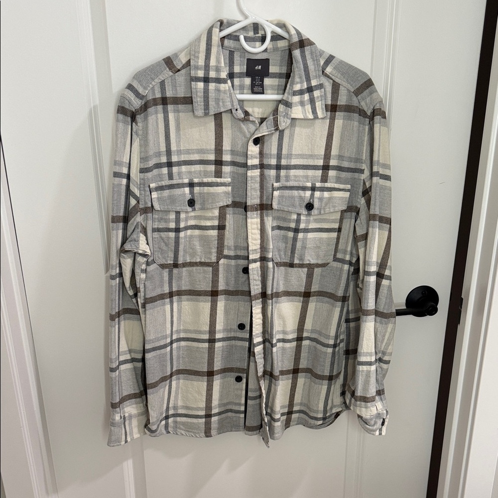 H&M Men's Lightweight Plaid Shirt Jacket - Cream and Brown